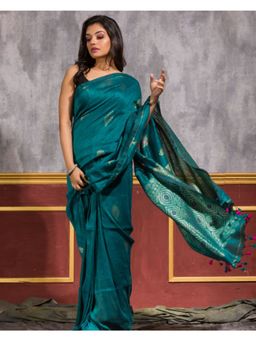 Angoshobha - Teal Handloom Linen Saree with Unstitched Blouse