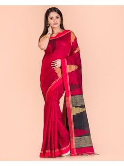Angoshobha - Red Temple Border Blended Cotton Jamdani Saree with Unstitched Blouse