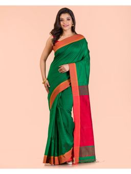Angoshobha - Green Handwoven Blended Cotton Saree with Unstitched Blouse
