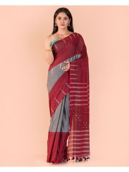 Angoshobha - Red Grey Handwoven Cotton Saree with Unstitched Blouse