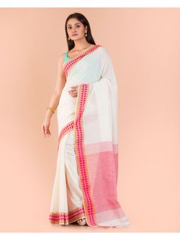 Angoshobha - Soft Cream Cotton Tangail Saree with Unstitched Blouse