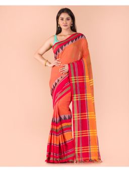 Angoshobha - Orange Red Begumpuri Cotton Saree with Unstitched Blouse