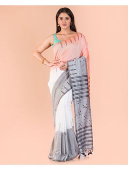 Angoshobha - Grey White Peach Handloom Cotton Saree with Unstitched Blouse