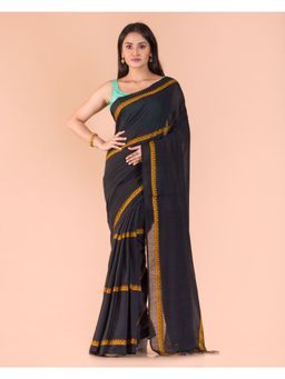 Angoshobha - Black And Yellow Handwoven Bengal Cotton Saree with Unstitched Blouse