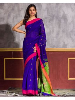 Angoshobha - Blue Blended Cotton Jamdani Saree with Unstitched Blouse
