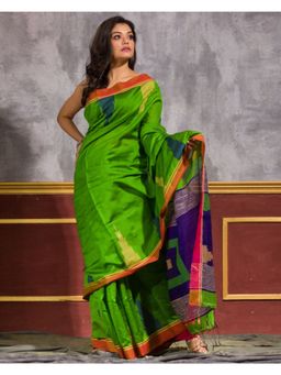 Angoshobha - Temple Border Green Handloom Saree with Unstitched Blouse