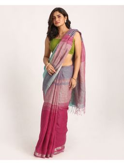 Angoshobha - Multi-Color Traditional Handloom Striped Linen Saree with Unstitched Blouse