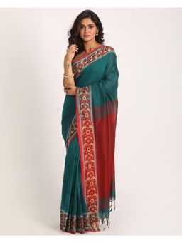 Angoshobha - Deep Teal Handloom Cotton Tangail Saree with Unstitched Blouse