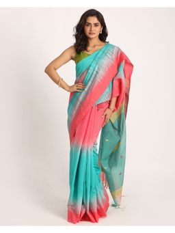 Angoshobha - Brink Pink Cotton Blend Handloom Tie Dye Jamdani Saree with Unstitched Blouse