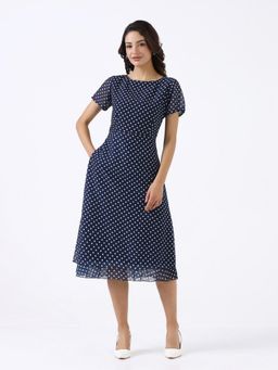 Powersutra - Women Navy Blue Printed A-Line Midi Dress