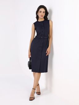 Powersutra - Women Navy Blue Poly Cotton Sleeveless Dress