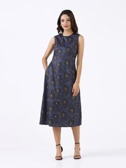 Powersutra - Women Navy Blue Printed A-Line Midi Dress