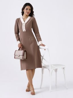 Powersutra - Women Beige Stretch A-Line Midi Dress