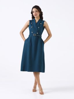 Powersutra - Women Teal Structured Stretch Flared Midi Dress