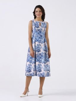 Powersutra - Women Blue Scenic Printed A-Line Midi Dress
