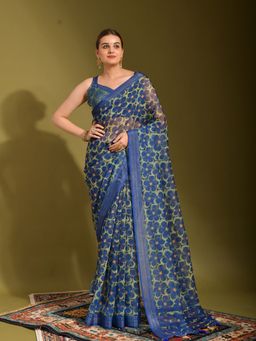 Odette - Blue Linen Designer Saree with Unstitched Blouse