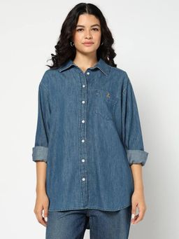GAP - Blue Solid Full Sleeve Spread Collar Denim Shirt