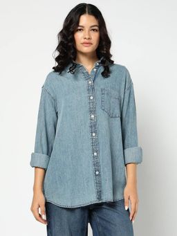 GAP - Blue Solid Full Sleeve Spread Collar Womens Shirt