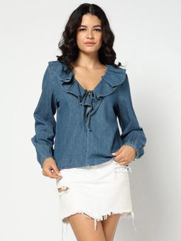 GAP - Blue Women's Solid V-Neck Full Sleeve Top