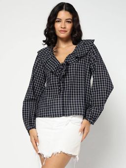 GAP - Navy Blue Women's Checked V-Neck Full Sleeve Top
