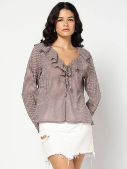 GAP - Red Women's Checked V-Neck Full Sleeve Top