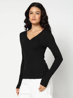 GAP - Black Women's Solid Full Sleeve V-Neck Top
