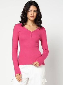 GAP - Pink Women's Solid Full Sleeve V-Neck Top
