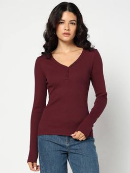 GAP - Maroon Women's Solid Full Sleeve V-Neck Top