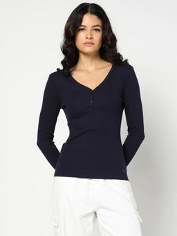 GAP - Navy Blue Women's Solid Full Sleeve V-Neck Top
