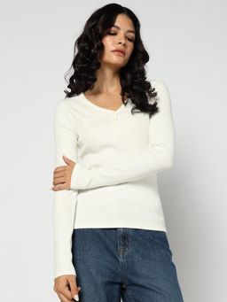 GAP - White Women's Solid V-Neck Full Sleeve Top