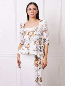 Exude - White Floral Print Square Neck Peplum Top