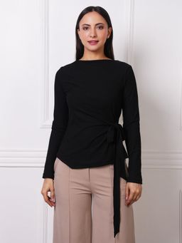 Exude - Black Ribbed Boat Neck Tie-Waist Top