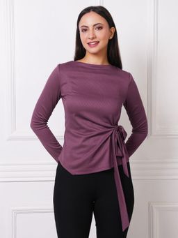 Exude - Mauve Ribbed Boat Neck Tie-Waist Top