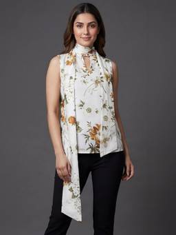 Exude - White Floral Print Sleeveless Attached Scarf Top