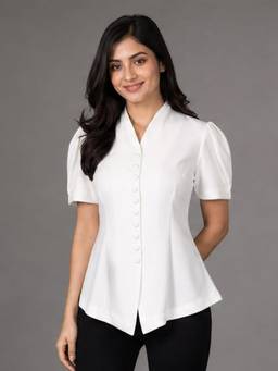 Exude - White Puff Sleeve V-Neck Cinched Waist Top