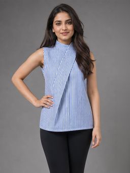 Exude - Blue Stripe Sleeveless High Collar Top