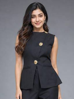 Exude - Black Sleeveless Asymmetric Waistcoat Top