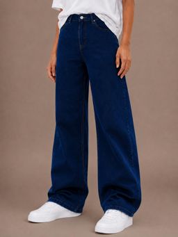 VBEAUTI - Women Streachable Navy Blue Wideleg High Rise Jeans