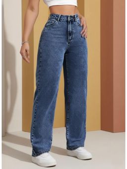 VBEAUTI - Women Navy Blue Streachable Wideleg High Rise Jeans