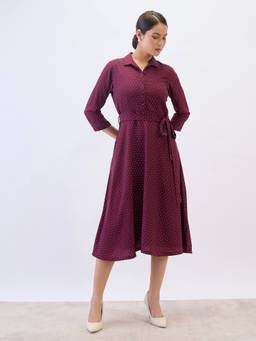 SALT Attire - Nico Wine Polka Dots Dress with Belt