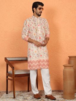 KRAFT INDIA LUXE - Beige Cotton Floral Kurta with Pyjama