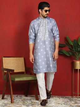 KRAFT INDIA LUXE - Blue Silk Blend Geometric Kurta with Pant