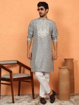 KRAFT INDIA LUXE - Grey Silk Blend Floral Kurta with Pant