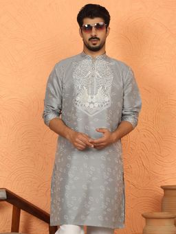 KRAFT INDIA LUXE - Grey Silk Blend Floral Kurta