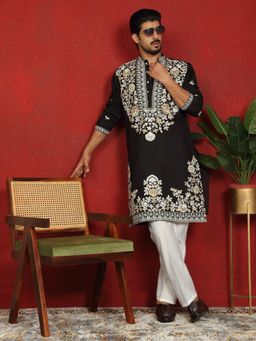 KRAFT INDIA LUXE - Black Cotton Silk Floral Kurta with Pant