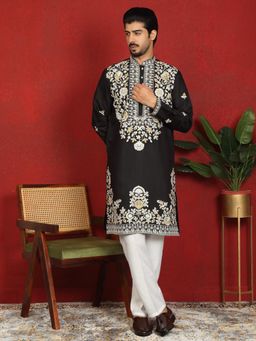 KRAFT INDIA LUXE - Black Cotton Silk Floral Kurta