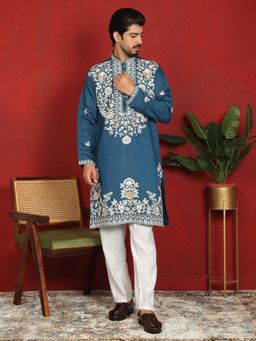 KRAFT INDIA LUXE - Blue Cotton Silk Floral Kurta