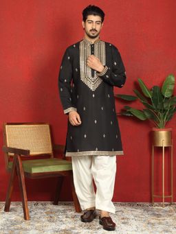 KRAFT INDIA LUXE - Black Cotton Silk Embroidered Kurta with Salwar