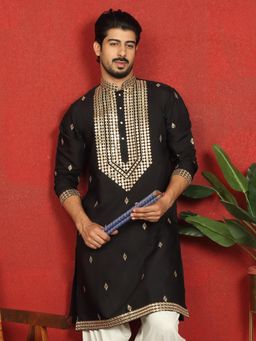 KRAFT INDIA LUXE - Black Cotton Silk Mirror Work Kurta