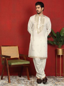 KRAFT INDIA LUXE - Cream Cotton Silk Mirror Work Kurta